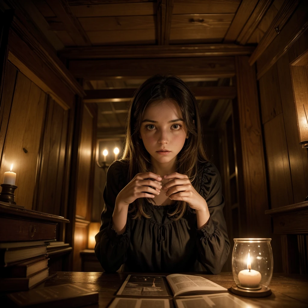 Caroline Ellis is in the dark, dusty attic of the Devereaux mansion, segurando uma lanterna. Ela encontra um quarto oculto cheio de artefatos de vodu, incluindo bonecas de vodu, velas pretas e livros antigos com capas desgastadas. A luz da lanterna ilumina parcialmente o ambiente, criando sombras misteriosas. Caroline has an expression of surprise and uneasiness as she observes the objects around her.