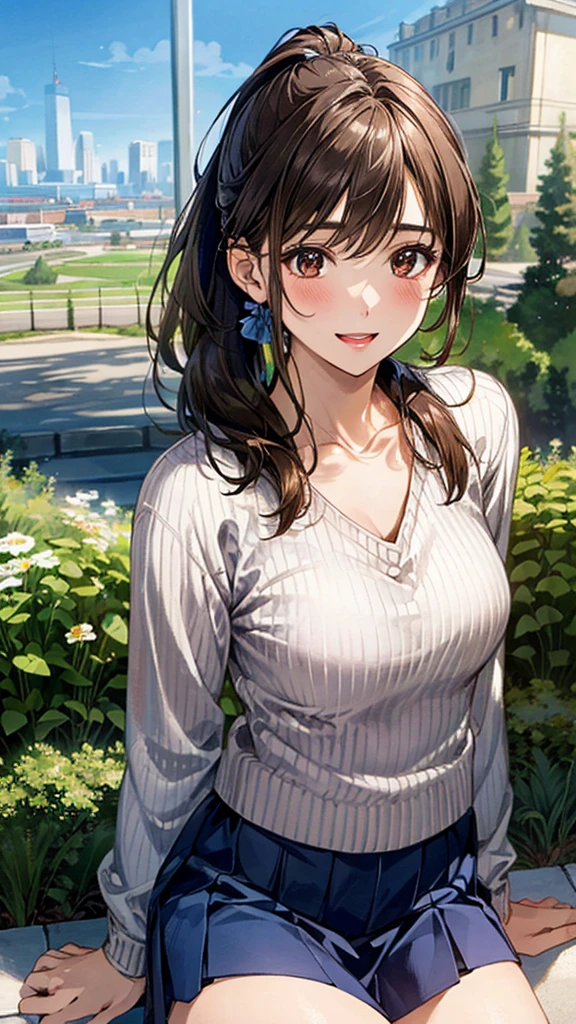 (masterpiece:1.2, Highest quality, Ultra-high resolution, Super detailed), (Realistic, photoRealistic:1.4), Beautiful illustrations, (Natural Side Lighting, Cinema Lighting),
View your viewers, 1 Girl, Japanese, high school girl, Perfect Face, (Perfect Anatomy), Cute and symmetrical face, Shiny skin, thin,
(Long Hair, Low Ponytail, Updo, Light brown hair), Hair between the eyes, Swept-apart bangs, Brown eyes, Droopy eyes, Big eyes, Long eyelashes, (Medium chest),
Beautiful Hair, Beautiful Face, Beautiful attention to detail, Beautiful clavicle, Beautiful body, Beautiful breasts, Beautiful thighs, Beautiful feet,
(((White collared shirt), Blue Skirt:1.4, (Brown V-neck sweater:1.3))),
(Beautiful views), Depth of written boundary, morning, (garden, distant cityscape), Standim, (Cute smile, Upward glance, Open your mouth),