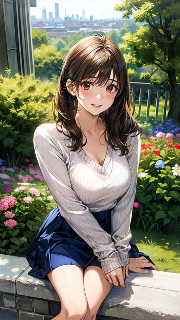 (masterpiece:1.2, Highest quality, Ultra-high resolution, Super detailed), (Realistic, photoRealistic:1.4), Beautiful illustrations, (Natural Side Lighting, Cinema Lighting),
View your viewers, 1 Girl, Japanese, high school girl, Perfect Face, (Perfect Anatomy), Cute and symmetrical face, Shiny skin, thin,
(Long Hair, Low Ponytail, Updo, Light brown hair), Hair between the eyes, Swept-apart bangs, Brown eyes, Droopy eyes, Big eyes, Long eyelashes, (Medium chest),
Beautiful Hair, Beautiful Face, Beautiful attention to detail, Beautiful clavicle, Beautiful body, Beautiful breasts, Beautiful thighs, Beautiful feet,
(((White collared shirt), Blue Skirt:1.4, (Brown V-neck sweater:1.3))),
(Beautiful views), Depth of written boundary, morning, (garden, distant cityscape), Standim, (Cute smile, Upward glance, Open your mouth),