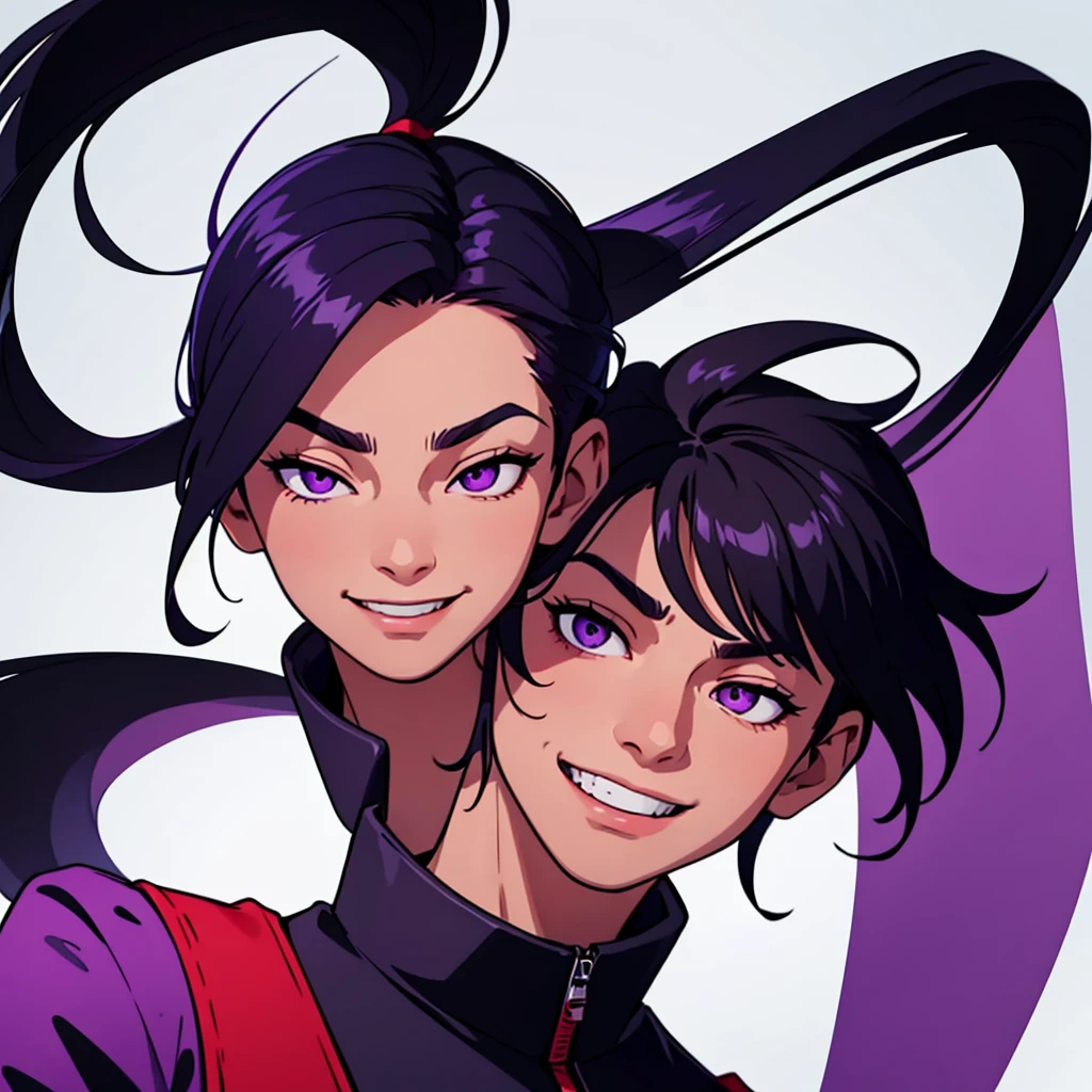 short black hair, highres, high resolution, masterpiece, wide purple eyes, talking, stoic, confident, masterpiece, best quality, highres, 1 man, Ghetto Suguru jujutsu kaisen, quiff haircut, straight pointy hair, spiked up at back, black hair, short hair, teenager, colorful hair, light background, full body, teenager, colorful parts, symbols, dark , bold, realistic mixing dark lines and loose lines, bold lines, on paper, human man, full body, intimidating pose, stylish outfit, dark theme, beautiful, pretty, modest, standing, male, sharp chin, high cheekbones, white background, highres, high resolution, masterpiece, looking straight, laughing, smiling, laughing a lot, smiling a lot, eyes closed, no eyes, eyes shut, huge smile, biggest smile, largest smile. showing teeth smile