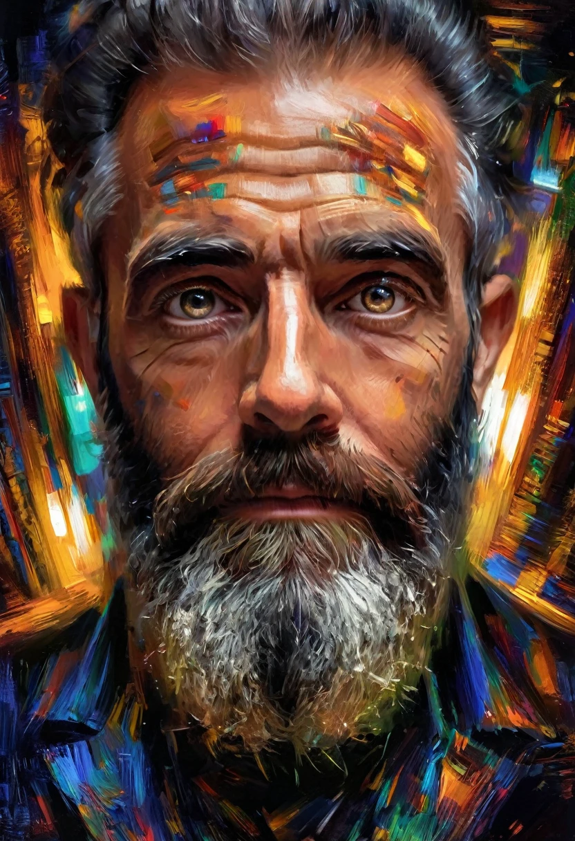 (realismo impressionista por csybgh), retrato de um engenheiro de software, he is creating universal prosperity and creating an artificial intelligence system, he has a wild beard and hypnotic eyes, iluminado por telas de computador, digital code motif, Obra de arte, 8K,,((whole body:1.9))