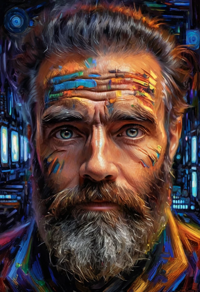 (realismo impressionista por csybgh), retrato de um engenheiro de software, he is creating universal prosperity and creating an artificial intelligence system, he has a wild beard and hypnotic eyes, iluminado por telas de computador, digital code motif, Obra de arte, 8K,,((whole body:1.9))