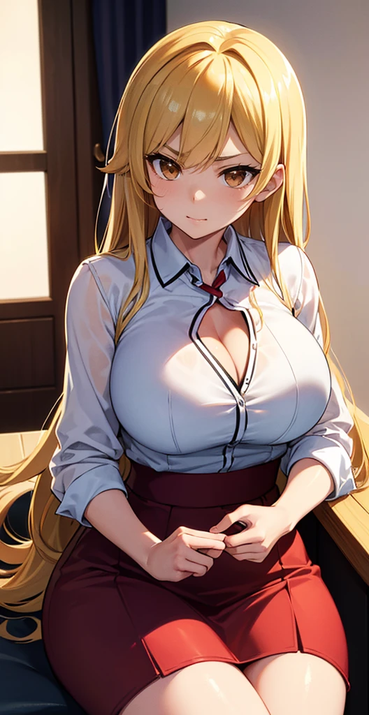 ( Ultra Masterpiece, Best quality ), Detailed Face + eyes, beautiful eyes, (Absurdres), (Anime), (Skindentation), (Best shadow), ((Anime)), /(Kamidere face)/, /(Kamidere looks)/, (Perfect face)+, Huge breasts, Very curvy, (blonde hair), long hair, Beautiful hairstyle, (brown eyes), Full lips, ( angry face, frown, warm smile ), ((beautiful character design)), At home, ( Intricate Clothes ), BREAK, Professional photo, (Thick thighs), Big breasts, Ray tracing, (Perfect face)+, Octane render, good looking shirt, ((white) shirt: 1.3), good-looking skirt, ((red) skirt: 1.2), ( cleavage ), medium breasts, (Soft skin), (healthy body), 1 Female, (bold and assertive pose), (Very sexy+, Gorgeous woman+, young beautiful woman+), BREAK, ( Sitting down, Facing the viewer, looking away ), ((Kamidere))+