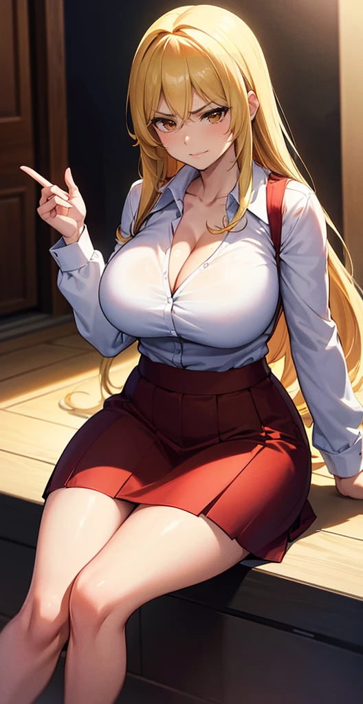 ( Ultra Masterpiece, Best quality ), Detailed Face + eyes, beautiful eyes, (Absurdres), (Anime), (Skindentation), (Best shadow), ((Anime)), /(Kamidere face)/, /(Kamidere looks)/, (Perfect face)+, Huge breasts, Very curvy, (blonde hair), long hair, Beautiful hairstyle, (brown eyes), Full lips, ( angry face, frown, warm smile ), ((beautiful character design)), At home, ( Intricate Clothes ), BREAK, Professional photo, (Thick thighs), Big breasts, Ray tracing, (Perfect face)+, Octane render, good looking shirt, ((white) shirt: 1.3), good-looking skirt, ((red) skirt: 1.2), ( cleavage ), medium breasts, (Soft skin), (healthy body), 1 Female, (bold and assertive pose), (Very sexy+, Gorgeous woman+, young beautiful woman+), BREAK, ( Sitting down, Facing the viewer, looking away ), ((Kamidere))+