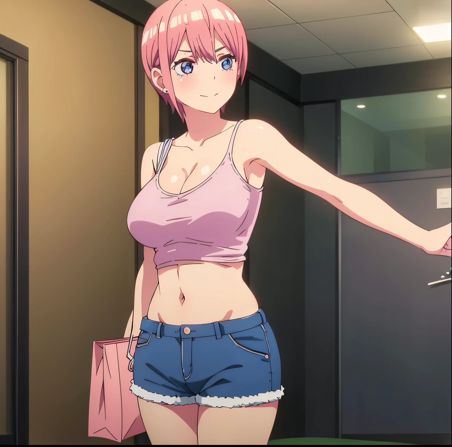 1 girl,solo,ichika nakano,short hair,salmon pink hair,blue eyes,smooth light skin,detailed eyes,looking at viewer,pink hair,earrings,standing,underwear,shorts,panties,breasts,open fly , ribbon, navel, hair band, big breasts, camisole, opaque yellow camisole, cleavage, smile, bowknot panties, two sides up, midriff, unbuttoned, shorts, open shorts, denim, unbuttoned, ,sexy body, curvy body, dynamic pose, bag, bangs, high quality, big breasts, medium waist, wide hips, medium thighs, indoor, bedroom, Japanese style room, (1 girl), (only), standing, best quality, ultra detailed, masterpiece, front view, ((focus on breasts)), (round breasts) point of view (from front), perfect anatomy, perfect hands