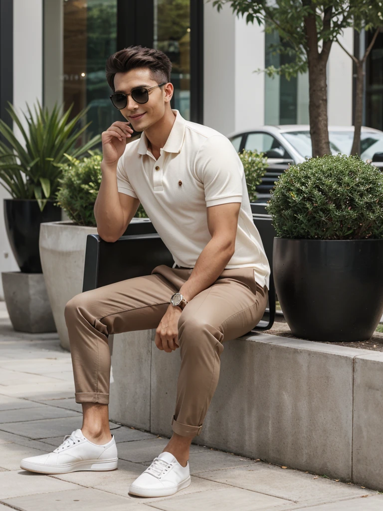 A young and modern man, wearing a fitted neutral-colored polo shirt and elegant chino pants, paired with casual leather shoes. He is in a relaxed yet stylish setting, such as a chic café or a well-maintained urban park. He is accessorized with stylish sunglasses and a modern watch. His posture is relaxed but confident, with a slight smile. The image should convey a successful and laid-back lifestyle.