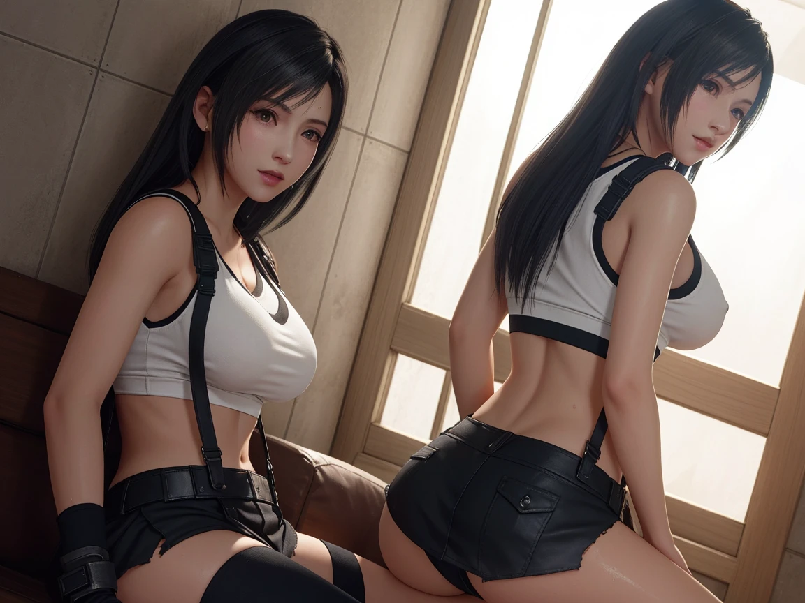 (Top Quality, Masterpiece: 1.1), (Realistic: 1.3), BREAK (((FF7,Tifa_lockhart))),(tifa_lockhart and monsters),sitting sofa, hand between legs,(A dark, barely lit torture chamber:1.3,wet:1.2,night:1.1,handcuffs:1.3,restraint:1.2,chain),(face focus:1.1), BREAK (((FF7,Tifa_lockhart))),(Light Brown Hair, Large breasts: 1.2),(Tifa_lockhart uniform:1.3, suspenders, low rise, mini skirt, tank top,torn uniform:1.3,torn tank top:1.3),abrasion:1.5, BREAK (((FF7,Tifa_lockhart))),(shiny oiled skin: 1.1),(crowd of monster:1.3),(many monsters:1.2), ((stringy viscous liquid)),wet hair, about 18 years old,sensual, looking me:1.2, (sweat on body:1.3), NSFW, erotic, porn, sex, nipples exposed, showing off her ass, wet pussy, hairy pussy, threat thong, pussy exposed, her pussy is visible, her nipples are exposed, dripping pussy, juicy pussy, back view, from back, ass exposed, grabing her ass, opening ass