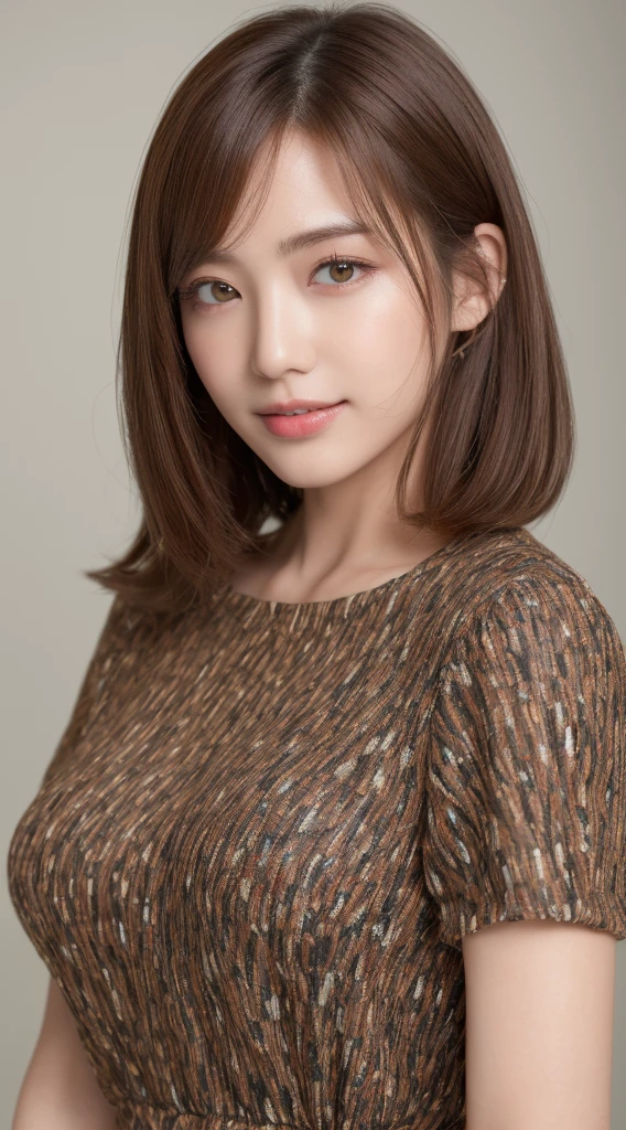 ((Highest quality、8k、masterpiece:1.3))、Beautiful 20 year old girl with a perfect figure、K-POPアイドルの顔、The beauty of slim abs:1.3、(Hair style Brown hair Shaggy cut、Normal boobs)、dress:1.1、Super detailed face、Delicate eyes、double eyelid、A smile of embarrassment、They want、Full body photo