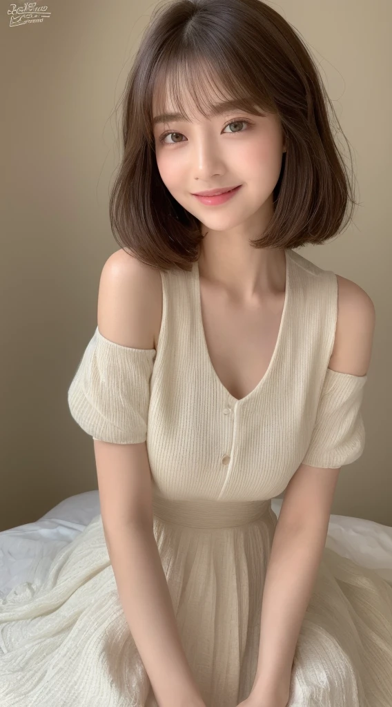 ((Highest quality、8k、masterpiece:1.3))、Beautiful 20 year old girl with a perfect figure、K-POPアイドルの顔、The beauty of slim abs:1.3、(Hair style Brown hair Shaggy cut、Normal boobs)、dress:1.1、Super detailed face、Delicate eyes、double eyelid、A smile of embarrassment、They want、Full body photo