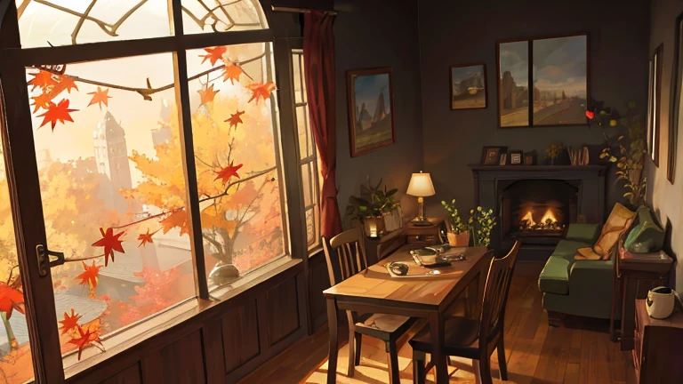 outside a house in autumn with a leaf falling near the window