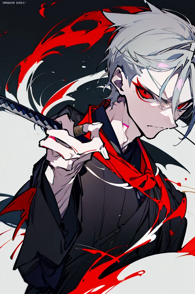 a close up of a person with a sword and a guy with a red dress, handsome guy in demon slayer art, best anime character design, detailed anime character art, anime character; full body art, anime character design a death god, character adoptable, handsome japanese demon boy, bloody + concept art, official character art, onmyoji detailed art, beautiful male god of death a close up of a person in a black dress with a gold belt, flowing white robes, white haired deity, genshin impact character, golden-black robes, picture of a male samurai and death god, d&d dark sun character art, official character art, portrait of ororo munroe, holding a katana, holding a katana, holding a katana, holding a katana, holding a katana, bloody, bloody, bloody, bloody, red effects, red effects, red effects