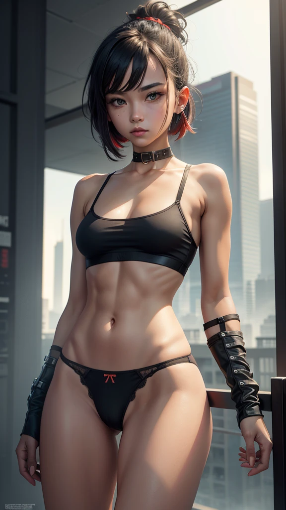 solo, 1girl, (masterpiece), ((14 year old appearance)), mohalk punk hair, small breasts, yellow eyes, ((detailed eyes)), (athletic body), (simple black cropped), (simple sexy micro black top with red details), looking at the screen, orange lipstick, visible abs, (((one simple high-cut underwear thong))), navel, (collarbone), (cyberpunk scenery background)