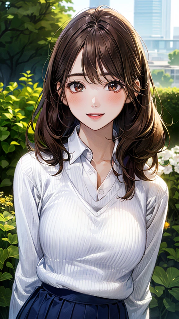 (masterpiece:1.2, Highest quality, Ultra-high resolution, Super detailed), (Realistic, photoRealistic:1.4), Beautiful illustrations, (Natural Side Lighting, Cinema Lighting), 
View your viewers, 1 Girl, Japanese, high school girl, Perfect Face, (Perfect Anatomy), Cute and symmetrical face, Shiny skin, thin, 
(Long Hair, Updo, Light brown hair), Hair between the eyes, Swept-apart bangs, Brown eyes, Droopy eyes, Big eyes, Long eyelashes, (Medium chest), 
Beautiful Hair, Beautiful Face, Beautiful attention to detail, Beautiful clavicle, Beautiful body, Beautiful breasts, Beautiful thighs, Beautiful feet, 
(((White collared shirt:1.4), Blue Skirt:1.4, (Brown V-neck sweater:1.3))), 
(Beautiful views), Depth of written boundary, morning, (garden, distant cityscape), Standim, (Cute smile, Upward glance, Open your mouth),