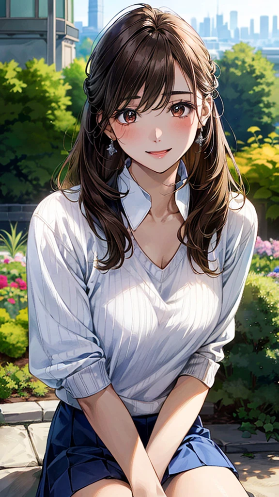 (masterpiece:1.2, Highest quality, Ultra-high resolution, Super detailed), (Realistic, photoRealistic:1.4), Beautiful illustrations, (Natural Side Lighting, Cinema Lighting), 
View your viewers, 1 Girl, Japanese, high school girl, Perfect Face, (Perfect Anatomy), Cute and symmetrical face, Shiny skin, thin, 
(Long Hair, Updo, Light brown hair), Hair between the eyes, Swept-apart bangs, Brown eyes, Droopy eyes, Big eyes, Long eyelashes, (Medium chest), 
Beautiful Hair, Beautiful Face, Beautiful attention to detail, Beautiful clavicle, Beautiful body, Beautiful breasts, Beautiful thighs, Beautiful feet, 
(((White collared shirt:1.4), Blue Skirt:1.4, (Brown V-neck sweater:1.3))), 
(Beautiful views), Depth of written boundary, morning, (garden, distant cityscape), Standim, (Cute smile, Upward glance, Open your mouth),