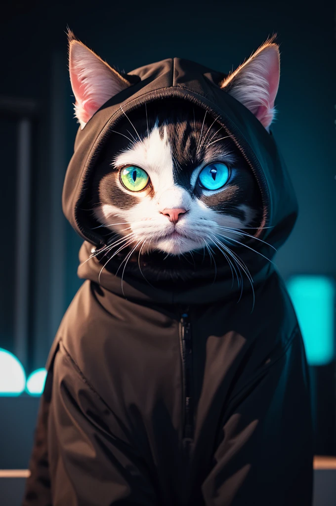 cat avatar with neon eyes and black hood