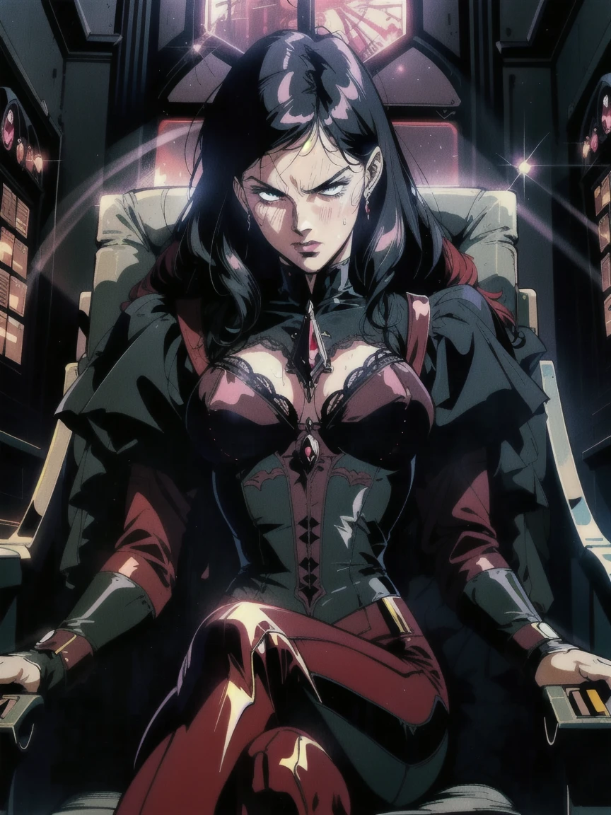((((retro anime)) of a gothic vampire piloting a gothic ruby mech)), ((from below)), close-up, ((fisheye)), ((gothic (control panels) everywhere)), ((mature)), ((vampiric)), (iridescent bodysuit), lace accessories, dark big lips, ((baroque pilot seat)), ((leaning back sitting pose)), ((elegant)), (((serious tone))), futuristic, top spacecraft control panel, ((dark place)), ((low-light)), intricate control panel details, 1990s (style), [blushing], sweat, masterpiece, claustrophobic, sparkles, limited colors, nsfw