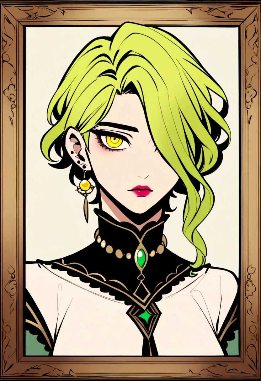 Duskfallcrew art style, 1 hombre, enfoque masculino, solo, mirando al espectador, cabello largo, yellow eyes, fondo sencillo, pelo de dos tonos, ombre hair, cabello degradado, cabello verde, parted Labios, piercing en el labio, Gothic,retrato, Obra maestra, Arte oficial, mejor calidad, absurdos.