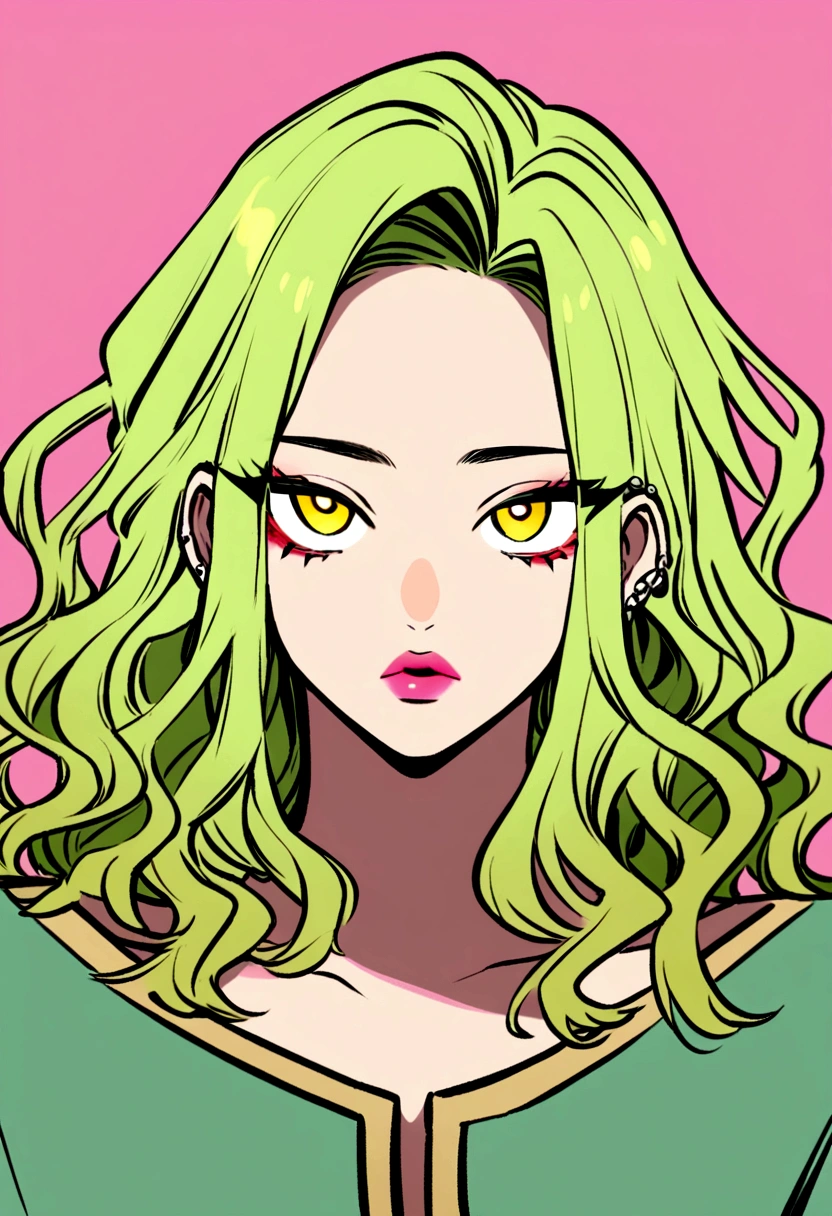 Duskfallcrew art style, 1 hombre, enfoque masculino, solo, mirando al espectador, cabello largo, yellow eyes, fondo sencillo, pelo de dos tonos, ombre hair, cabello degradado, cabello verde, parted Labios, piercing en el labio, Gothic,retrato, Obra maestra, Arte oficial, mejor calidad, absurdos.
