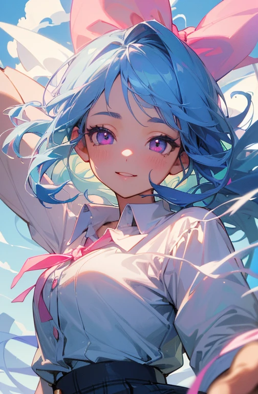 (detailed beautiful eyes and detailed face, masterpiece side light, masterpiece, Highest quality, detailed, High resolution illustrations), (1 girl, beautiful girl, Shiny skin), (Sky Blue Hair, Pink Eyes, skirt, ribbon, Button-down shirt)、Face close-up、Laugh gently、amusement park、