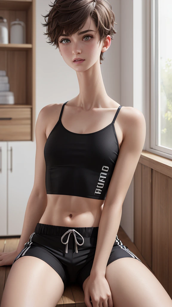 (ultra realistic, highly detailed:1.4), best quality, 18 yo. boy, short messy hair, (flat chest:1.2), sitting, (black spaghetti strap top:1.2), sports shorts, midriff, (longneck:1.5), tall