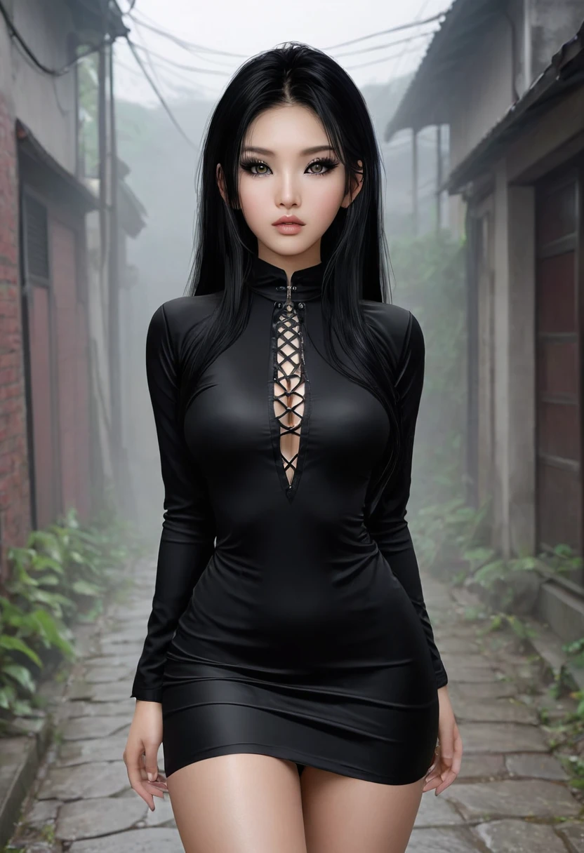 a pretty sexy asian girl with almond eyes and slim body with black hair. You can see her entire body and she has everything very well defined. She has moles on her face and piercing. She has long hair. She does different sexy poses. Wear sexy clothes. It's gothic. has light colored eyes.