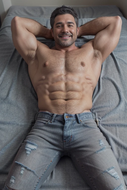 Award-winning original photoen, 30 years old man and wild muscular man, 40 years old, short beards, burly, hunk, wearing shirts, smilling happil, detailed, lovely, ((full body)), (((shirtless )))(((gray jeans))) lay down legs up