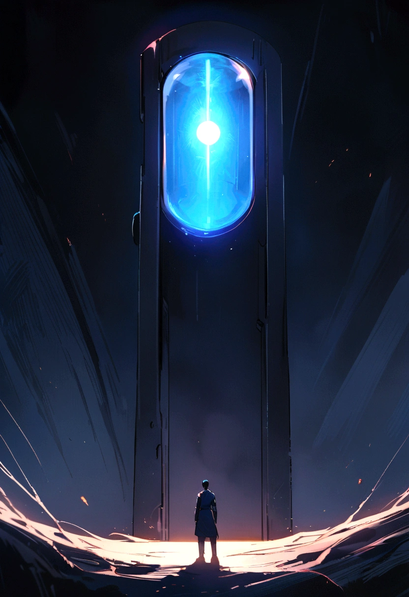 The boy, now in the field, stands before a metallic capsule pulsating with a bluish light. He approaches cautiously, and the capsule is open, revealing a device inside with a bright screen and a red button.