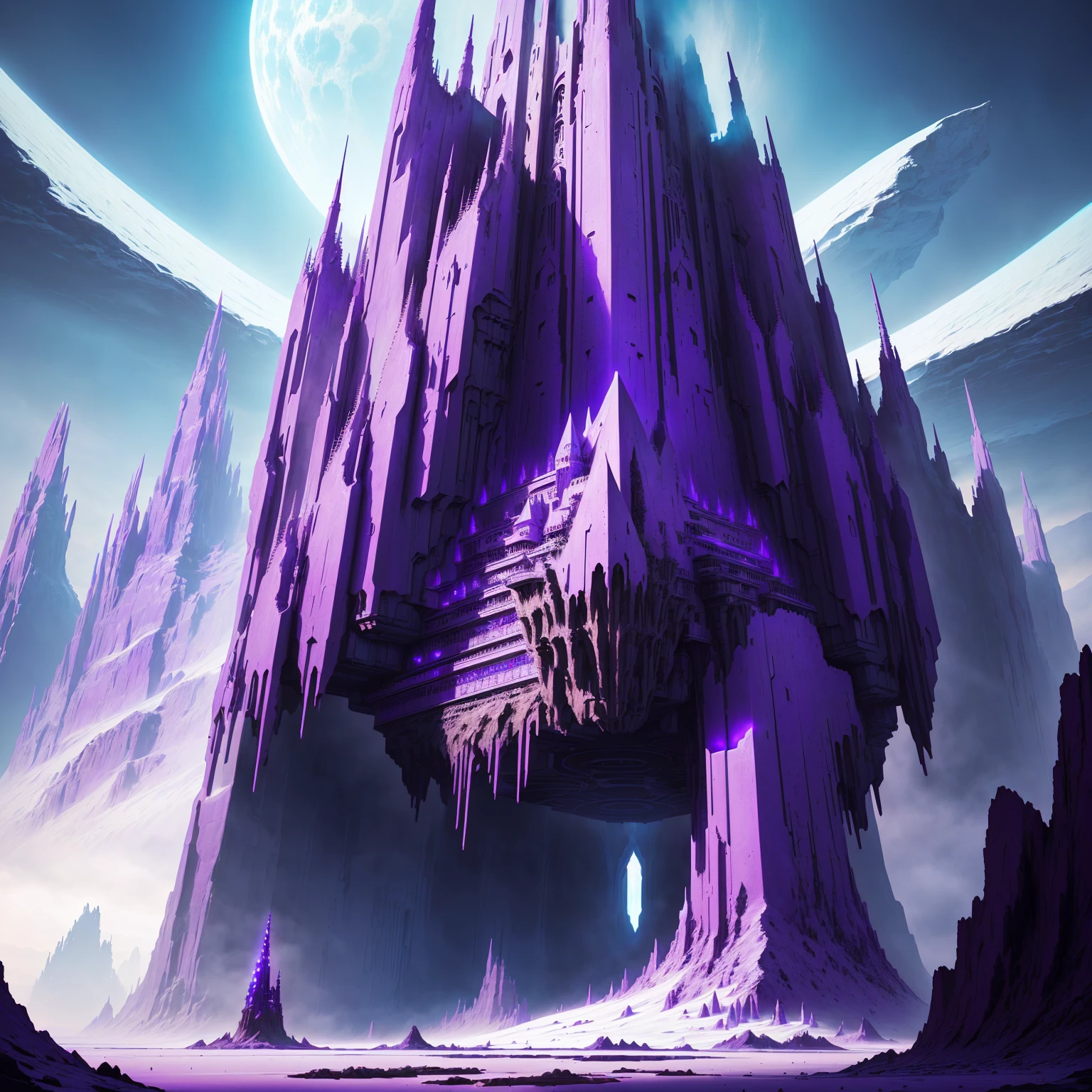 purple black mountain, through which the road passes, Crystal Desert Island Fantasy, Galactic Temple, futuristic castle, inspired Christopher Balaskas, Epic fantasy sci-fi illustration, ice city in 2 0 8 0, in a castle on an alien planet, Christopher Balaskas, mythical giant space cave, mystical sci-fi concept art
