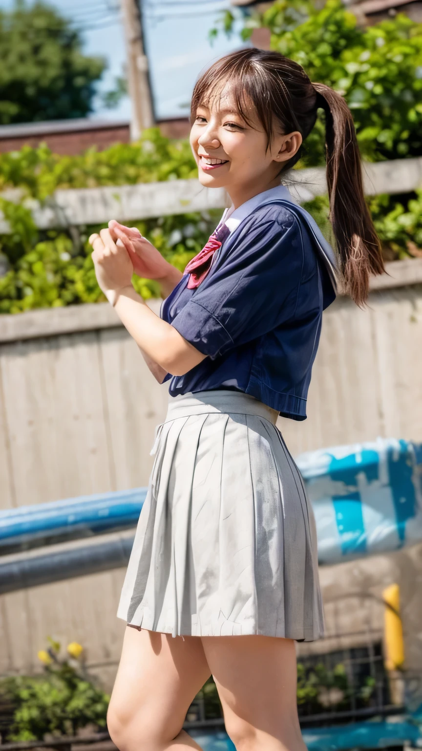 (Realistic、Like a photograph、Live Action、8k, Realistic, RAW Photos, Best image quality: 1.4), Single-lens reflex camera、RAW Photos, Highest quality, Realistic, Very detailed CG Unity 8k wallpaper, Written boundary depth, Cinematic Light, Lens flare, Ray Tracing, Realistic background、Many people々:1.4、((high school girl:1.4、school uniform:1.3、Uniform skirt:1.3)、Big Breasts)、((ultra high density skin))、 1 female,Cute high school girl、((Girls cheering in the schoolyard、support、(whole body:1.5)、Smiling at school))、Pink inner color hair、short hair:1.2、Tie your hair with a hair clip、I like that style、stylish、Very detailed、Pay attention to the details、Perfect outfit、(Sunburned skin)、Beautiful feet:1.1,Side view