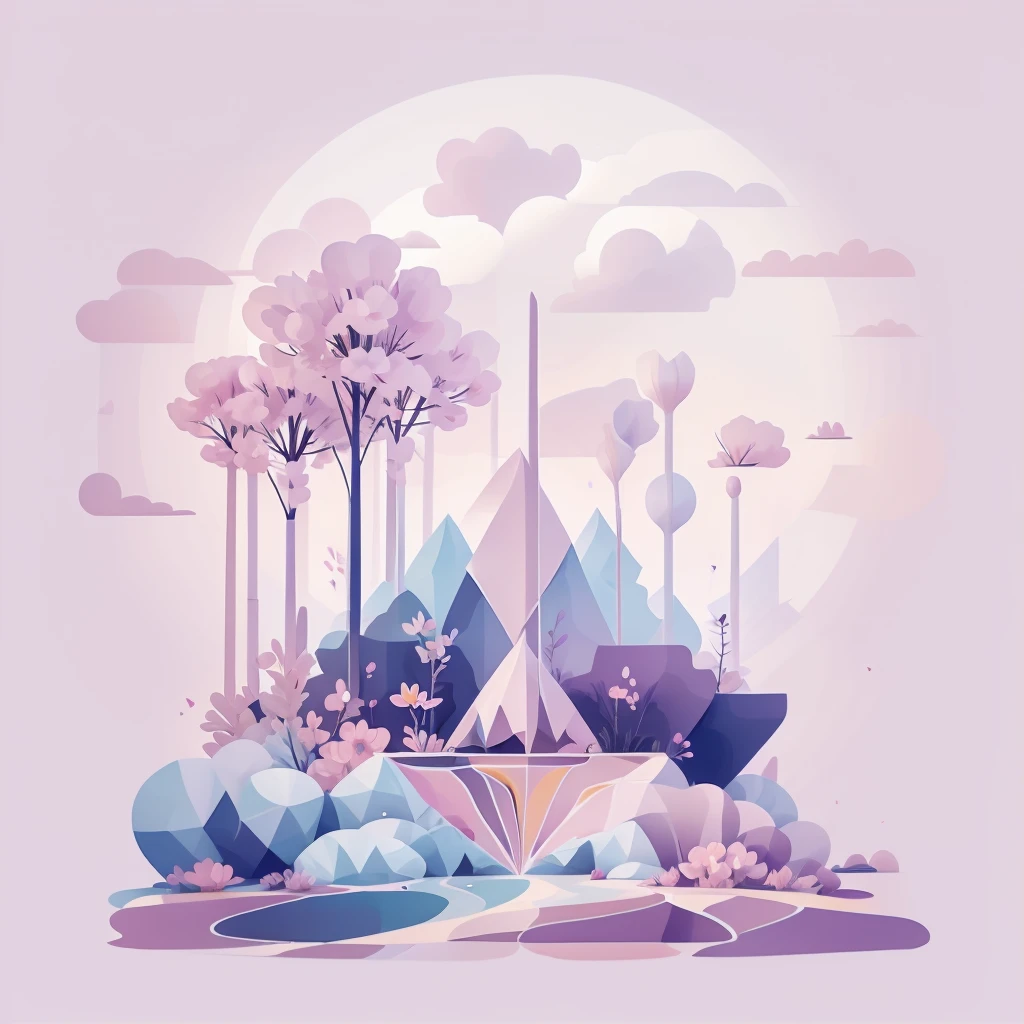 Abstract spring illustratin, minimal, vector, combination of natural and geometric, two-dimensional, using pale violet color tone, violet pastel color