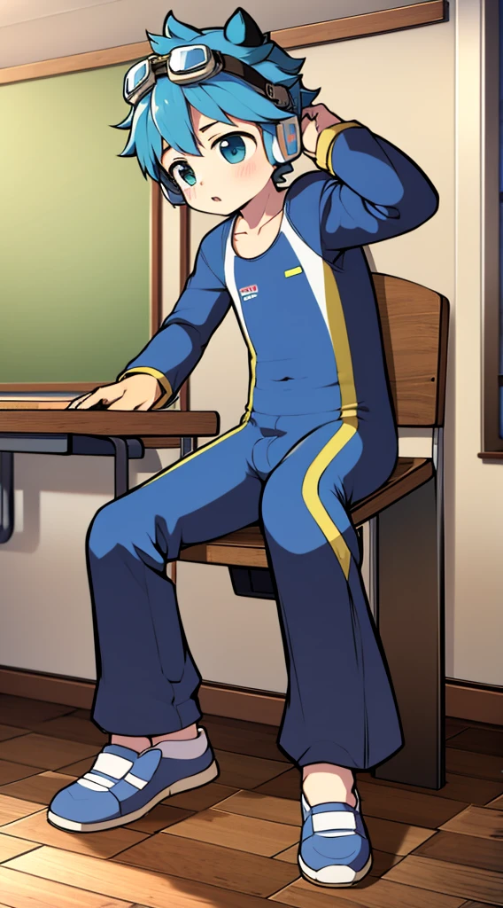 2D Shonen Shota，One-piece mountaineering suit，Put the headphones on your head，permanent，goggles，trumpet，Cow ears，sports shoes，classroom