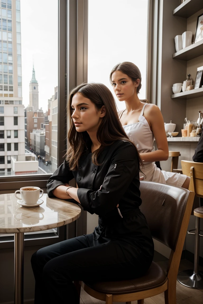 Les mannequins Instagram posent à New York, dans des vêtements modernes, sitting in a cafe'exterior in Amsterdam, tout le corps, beaux yeux detaileds, lèvres magnifiquement detailedes, yeux et visage extrêmement detaileds, court, belle rose Haar ((best quality)), ((Chef-d'artwork)), (detailed), visage parfait, tout le corps, Look to the side
