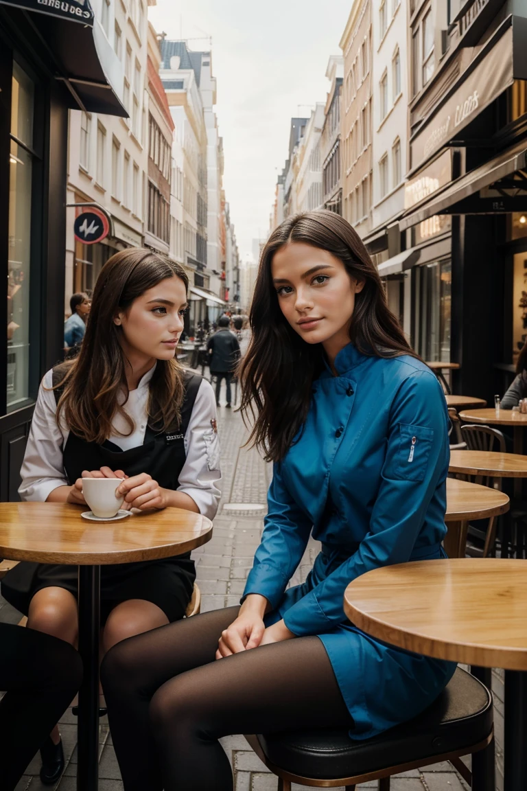 Les mannequins Instagram posent à New York, dans des vêtements modernes, sitting in a cafe&#39;exterior in Amsterdam, tout le corps, beaux yeux detaileds, lèvres magnifiquement detailedes, yeux et visage extrêmement detaileds, court, belle rose Haar ((best quality)), ((Chef-d&#39;artwork)), (detailed), visage parfait, tout le corps, Look to the side