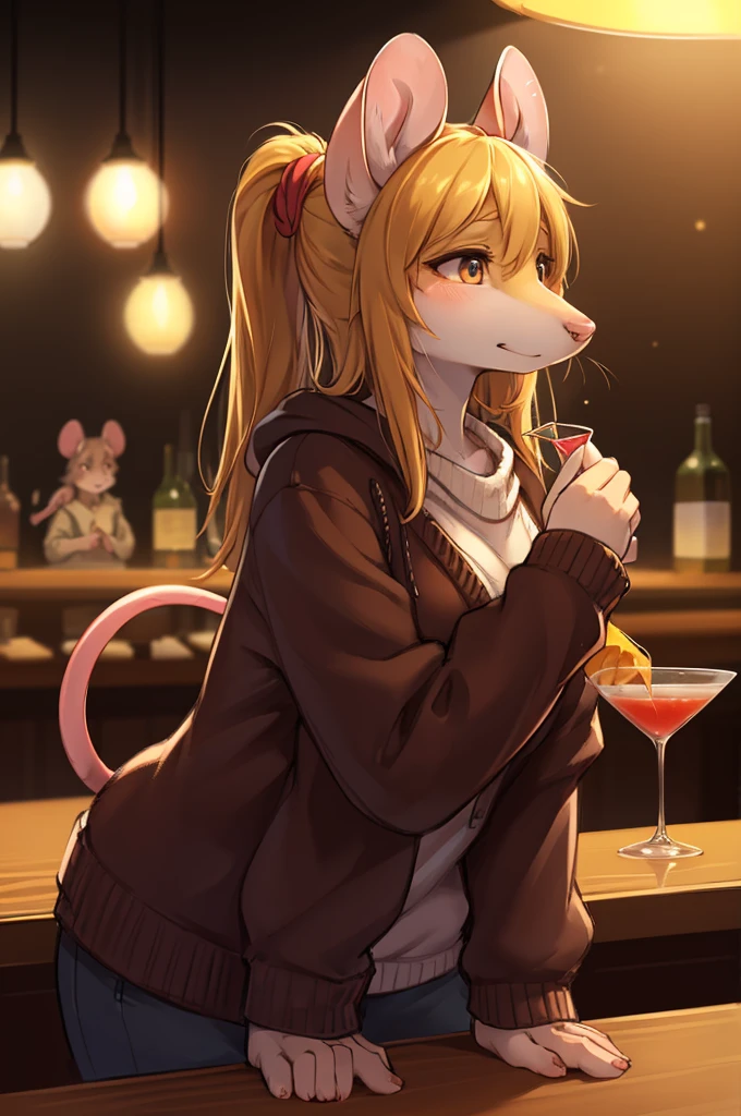 rough sketch style , Hallucination, daydream , nightmare , Insane Dream , bokeh , erotica , realistic Japanese female mouse , round face , Seductive eyes , (open clothes with hands) , realistic long nose , hair tie , Bar, Cocktails , cheese , sweater , Lean forward