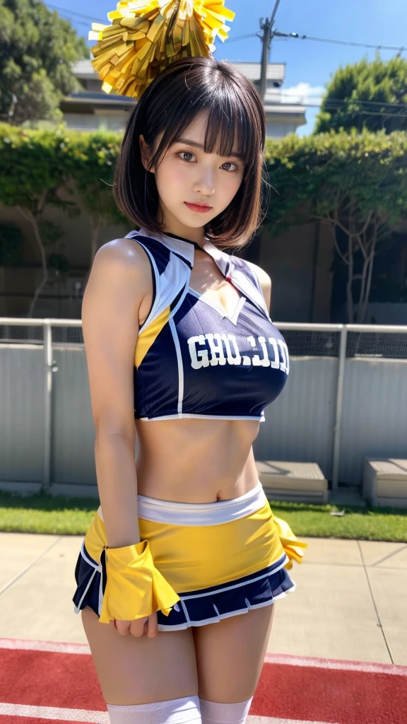 ((metallic Cheerleaders:1.5)), (Mainly black, white and purple. Tight one-shoulder tops:1.5), (Black, purple tight skirt:1.5), (latex:1.4), sun, (toyota stadium:1.4), (from below:1.5), (acrobatic pose:1.5), (cowboy shot:1.3), clear sky, 1girl, (huge breasts:1.6), (light brown short hair:1.6), (pixie cut:1.9), (bangs:1.3), (abs:0.5), (narrow waist:1.8), (skinny:1.5), (collabones:1), (wide forehead:1.3), (fair skin:1.5), (transparent skin:1.5), (towering:1.2), (smile:1.5), (embarrasshed:1.4), (shy:1.5), (open mouth:1.5),  (18 years old:1.5), (8k, RAW photo:1.2),detailed face and eyes,best quality,highly detailed ,intricate detail ,masterpiece ,cute girl ,intricate detail, hyperdetail,sharp focus
