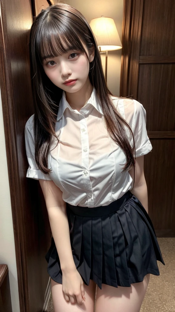masterpiece, best quality, illustration, Super detailed, fine details, High resolution, 8K,wall paper, perfect dynamic composition,(Details High quality, realistic depiction of eyes:1.3), (collared shirt:1.1), pleated skirt, straight hair、black hair color, Big Natural Color Lip, bold sexy pose, crying a little、Harajuku style、acrobatic pose, 20 year old girl、cute type、ta、beautiful legs, hotel room, gravure idol, Voluptuous thighs, large breasts
