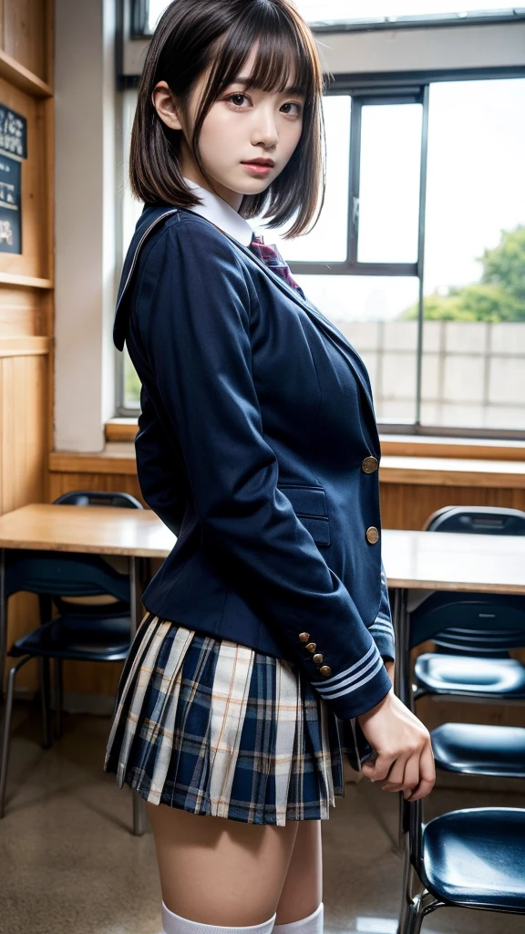 masterpiece, best quality, illustration, Super detailed, fine details, High resolution, 8K,wall paper, perfect dynamic composition,(Details High quality, realistic depiction of eyes:1.3), from side, High School Classroom、High school girl uniform、blazer 、Super Short Check Uniform Skirt、Navy blue high socks、garterbelts、Large swollen breasts, Disturbed uniform,  short bob hair, black hair color, huge breasts, Big Natural Color Lip, bold sexy pose, perfect body shape, crying a little、Harajuku style、20 year old girl、cute type, beautiful legs, hposing Gravure Idol