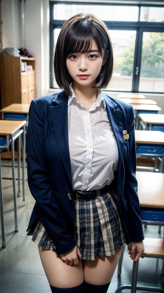 masterpiece, best quality, illustration, Super detailed, fine details, High resolution, 8K,wall paper, perfect dynamic composition,(Details High quality, realistic depiction of eyes:1.3), High School Classroom、High school girl uniform、blazer 、Super Short Check Uniform Skirt、Navy blue high socks、garterbelts、Large swollen breasts, Disturbed uniform,  short bob hair, black hair color, huge breasts, Big Natural Color Lip, bold sexy pose, perfect body shape, crying a little、Harajuku style、20 year old girl、cute type, beautiful legs, hposing Gravure Idol