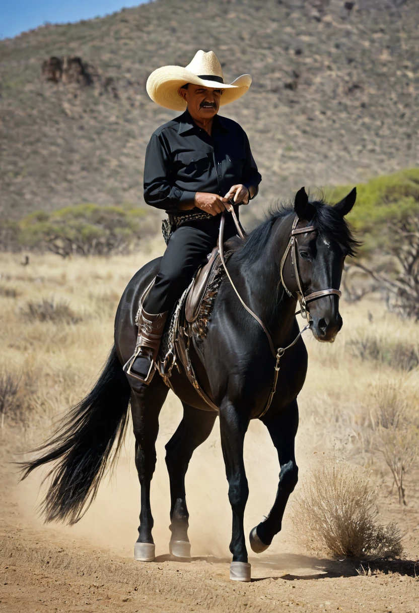 Hombre vestido totalmente de negro y un sombrero montado caballo en el viejo oeste
