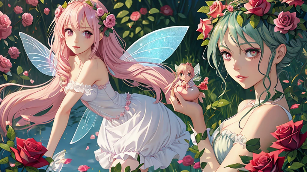 Cute little Fairy Rainbow fairy Long hair Light pink sparkling hair Sparkling Pointed ears Sunshine Dress made of leaves Transparent wings Beautiful blue butterfly Big flower Leaf Smiling gently