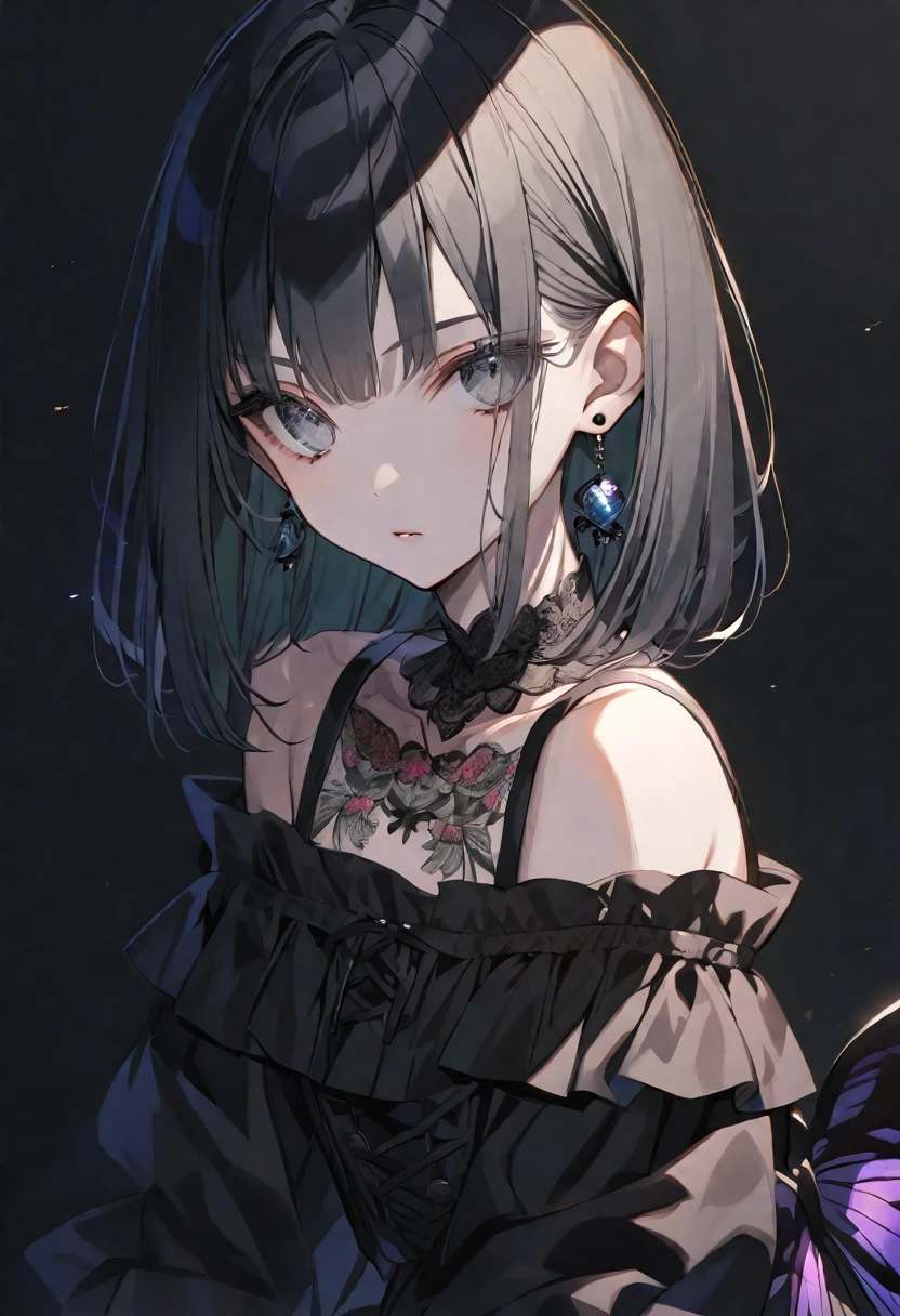 solo, handsome,
1. Female,
Hime cut,Straight Hair,Bob Hair,
black hair,
Nakano Yotsuba,
Grey Eyes,Soft look,Lolita,butterfly Tattoo,Lots of black earrings,
black Off Shoulder,Thin knit,
skin,Black Rose,
black background,