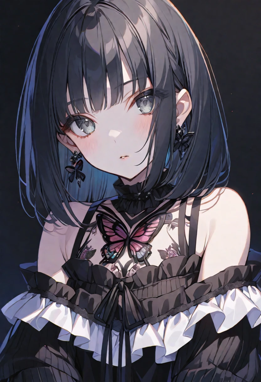 solo, handsome,
1. Female,
Hime cut,Straight Hair,Bob Hair,
black hair,
Nakano Yotsuba,
Grey Eyes,Soft look,Lolita,butterfly Tattoo,Lots of black earrings,
black Off Shoulder,Thin knit,
skin,Black Rose,
black background,