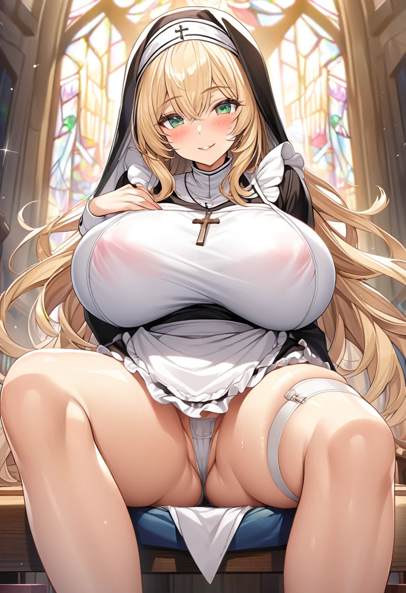 masterpiece, Highest quality, Official Art, Highly detailed CG Unity 8k wallpaper, Detailed Background, (Handcrafted by Guido Daniele), (Finger details), Mature Girl 1, (Curvy), (Nuns), (Bible in hand, A book with a cross on the cover:1.12), (standing in church), (Nuns gown:1.12), (Chest Curtain:1.12), (Nuns skirt:1.11), (White Garter Straps Garter Belt:1.12), (Blonde long hair:1.12), (Hair Intake:1.12), (Green Eyes:1.2), blush, (Loving smile, holy smile), (Huge breasts:1.5), (Long chest, Saggy breasts:1.3), (Let go of my chest), Tight waist, Shiny skin, (Cross Necklace), indoor, (Sacred Scene), (church:1.11), (Sunlight streaming through stained glass),sagging breasts,milf,nun,sideboob,underboob,breast focus、((Sit back、Sit with your legs apart))、Bow-legged、(thigh focus:1.3)、Hide your chest with an apron