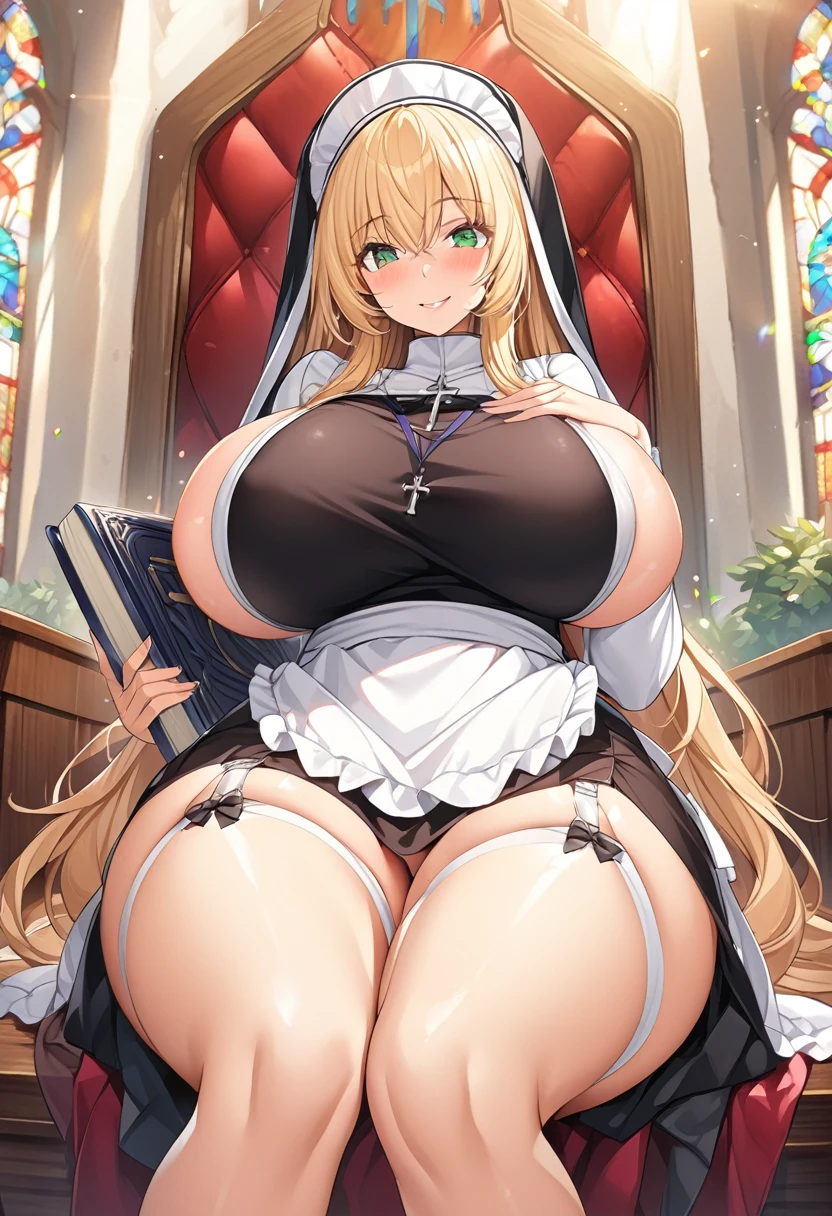 masterpiece, Highest quality, Official Art, Highly detailed CG Unity 8k wallpaper, Detailed Background, (Handcrafted by Guido Daniele), (Finger details), Mature Girl 1, (Curvy), (Nuns), (Bible in hand, A book with a cross on the cover:1.12), (standing in church), (Nuns gown:1.12), (Chest Curtain:1.12), (Nuns skirt:1.11), (White Garter Straps Garter Belt:1.12), (Blonde long hair:1.12), (Hair Intake:1.12), (Green Eyes:1.2), blush, (Loving smile, holy smile), (Huge breasts:1.5), (Long chest, Saggy breasts:1.3), (Let go of my chest), Tight waist, Shiny skin, (Cross Necklace), indoor, (Sacred Scene), (church:1.11), (Sunlight streaming through stained glass),sagging breasts,milf,nun,sideboob,underboob,breast focus、((Sit back、Sit with your legs apart))、Bow-legged、(thigh focus:1.3)、Hide your chest with an apron