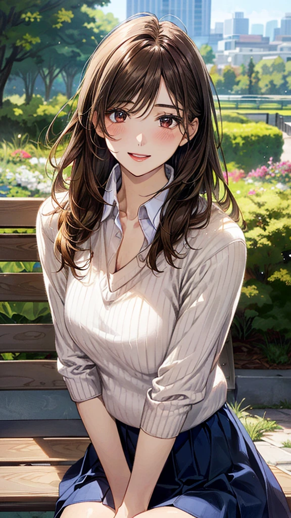 (masterpiece:1.2, Highest quality, Ultra-high resolution, Super detailed), (Realistic, photoRealistic:1.4), Beautiful illustrations, (Natural Side Lighting, Cinema Lighting), 
View your viewers, 1 Girl, Japanese, high school girl, Perfect Face, (Perfect Anatomy), Cute and symmetrical face, Shiny skin, thin, 
(Long Hair, Updo Hair, Light brown hair), Hair between the eyes, Swept-apart bangs, Brown eyes, Droopy eyes, Big eyes, Long eyelashes, (Medium chest), 
Beautiful Hair, Beautiful Face, Beautiful attention to detail, Beautiful clavicle, Beautiful body, Beautiful breasts, Beautiful thighs, Beautiful feet, 
(((Collared shirt:1.4), Blue Skirt:1.4, (Brown V-neck sweater:1.3))), 
(Beautiful views), Depth of written boundary, morning, (garden, distant cityscape), Sitting on a bench, (Cute smile, Upward glance, Open your mouth),