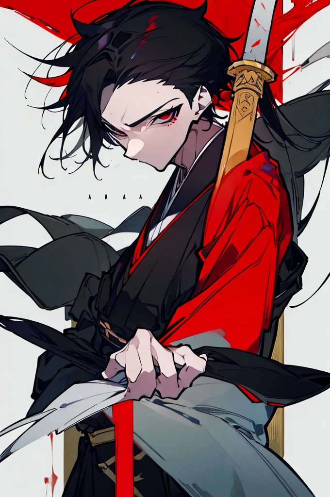 a close up of a person with a sword and a guy with a red dress, handsome guy in demon slayer art, best anime character design, detailed anime character art, anime character; full body art, anime character design a death god, character adoptable, handsome japanese demon boy, bloody + concept art, official character art, onmyoji detailed art, beautiful male god of death a close up of a person in a black dress with a gold belt, flowing white robes, white haired deity, genshin impact character, golden-black robes, picture of a male samurai and death god, d&d dark sun character art, official character art, portrait of ororo munroe, holding a katana, holding a katana, holding a katana, holding a katana, holding a katana, bloody, bloody, bloody, bloody, red effects, red effects, red effects, black hair, black hair, black hair, black hair, black hair