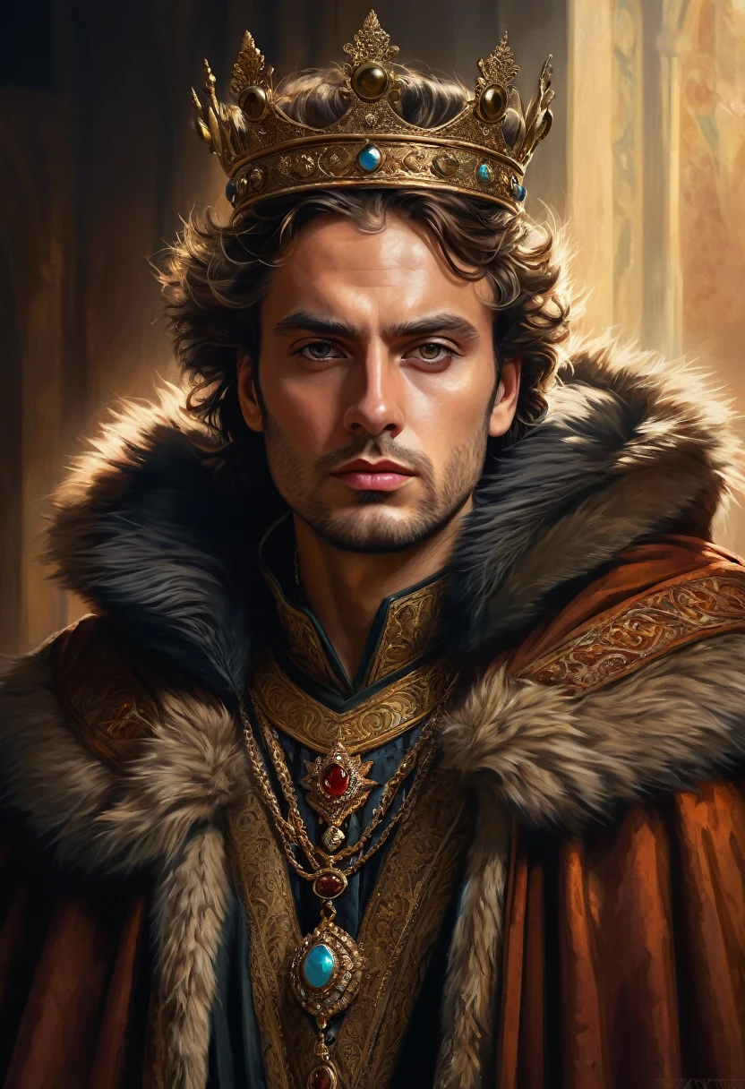 Ciro the Great, detailed portrait, realistic, digital painting, intricate details, dramatic lighting, regal expression, fur-lined cloak, ornate crown, piercing eyes, chiseled features, weathered skin, rugged yet noble, oil painting aesthetic, warm color palette, dramatic shadows, cinematic composition