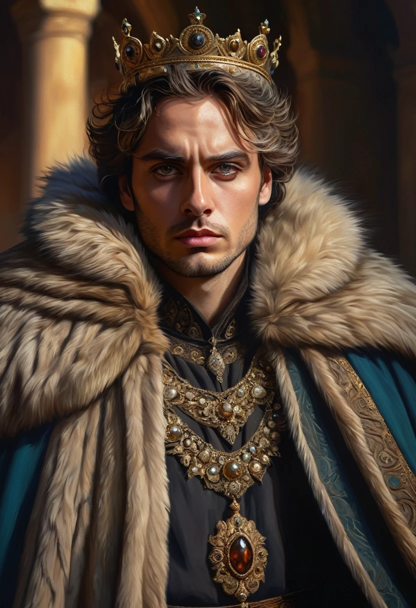 Ciro the Great, detailed portrait, realistic, digital painting, intricate details, dramatic lighting, regal expression, fur-lined cloak, ornate crown, piercing eyes, chiseled features, weathered skin, rugged yet noble, oil painting aesthetic, warm color palette, dramatic shadows, cinematic composition