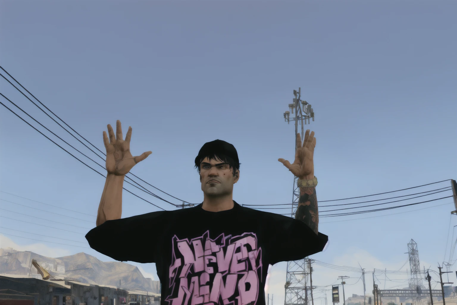 there is a man standing in front of a building with his hands up, 5 fingers). full body realistic, as a character from gtav, style of gta v, gta character, gta5 style, upper body avatar, heavy gesture style closeup, gta v street style, gta 6 style, highly no detailed, second life avatar, gta v character