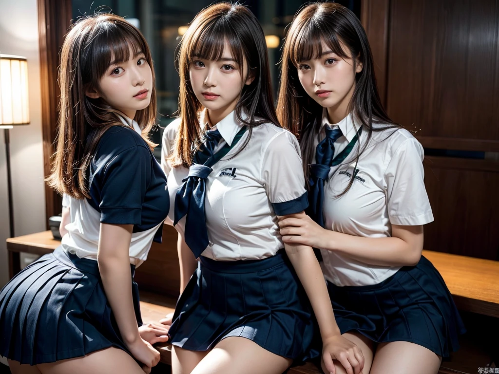 (RAW photo, 4k, masterpiece, high resolution, extremely complex) (realistic: 1.4), cinematic lighting
((2 girls, 2 schoolgirls)),Slam Dunk's,blushing,((innocent)),bright eyes,round eyes,blunt bangs,(straight hair:1.3),black hair,large breasts,wide hips,Summer Noon, ,Hot, (Best Quality), (Highres), (an Extremely Delicate and Beautiful),(Beautiful 8k face),(Brown eyes),short bob hair,( spectators),(gigantic breasts),(Play with each other,Touching each other's bodies,Touching the body),(Japanese high school uniform:1.3),blue skirt,(reality),bright lighting,(The background is a luxury hotel room)